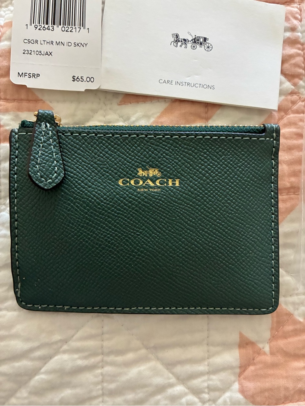 New Coach mini ID Case Leather Zip Card Holder forest green dark turquoise